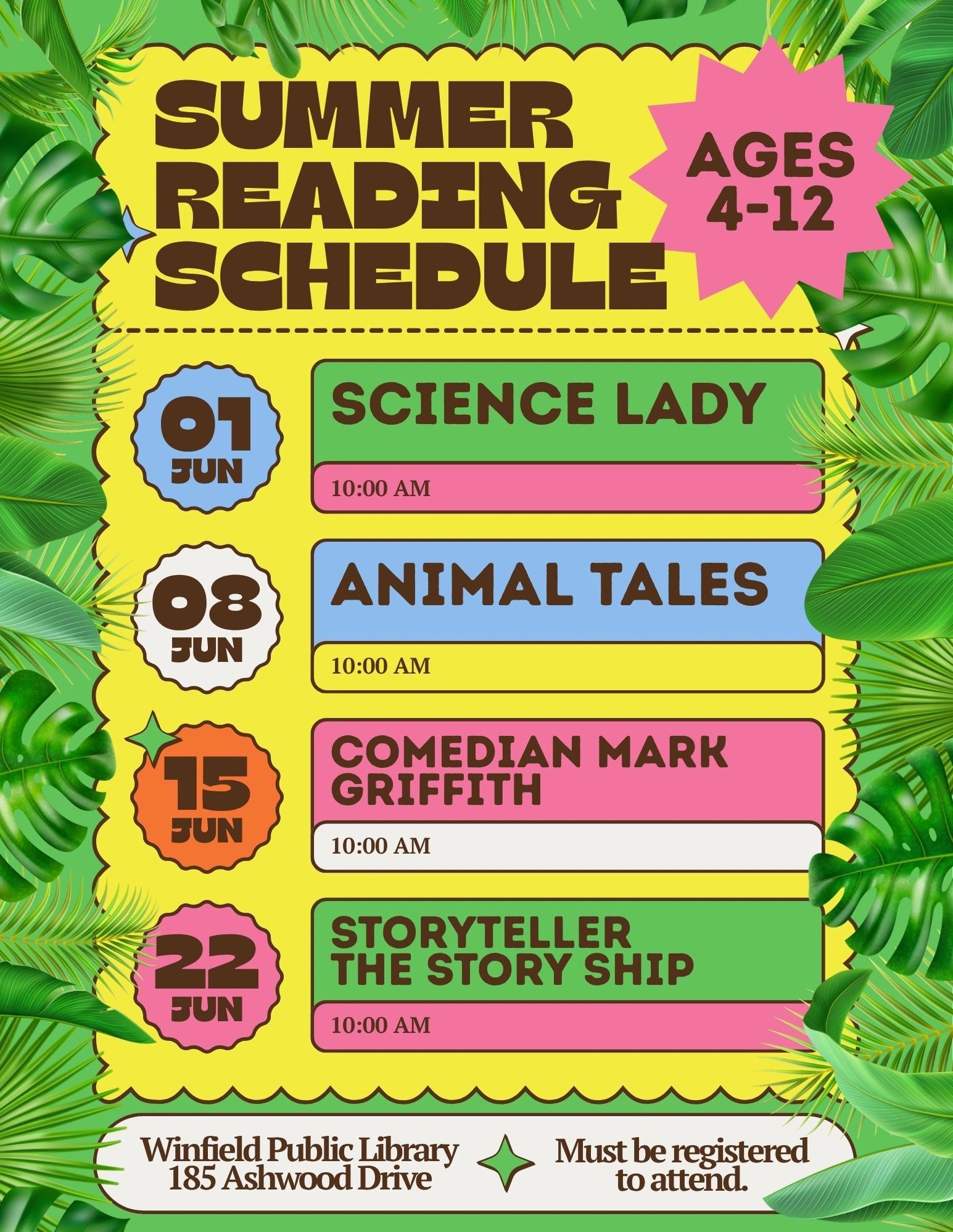 Bright summer reading schedule for kids ages 4-12 at Winfield Public Library.