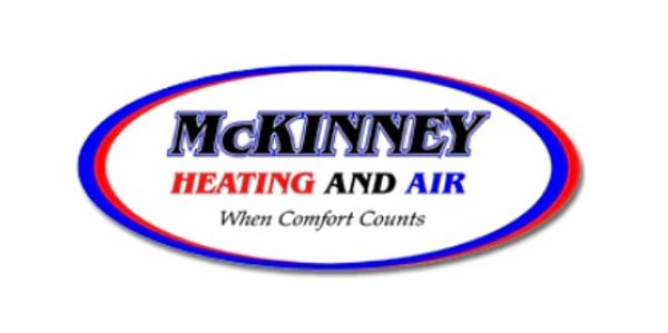 Logo for McKinney Heating and Air with slogan and colored oval border.