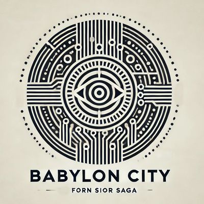 Circular tech-inspired logo with eye and circuit patterns, titled Babylon City.