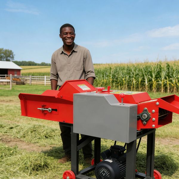 A man stands smiling next to a red agricultural machine in a field on a sunny day.