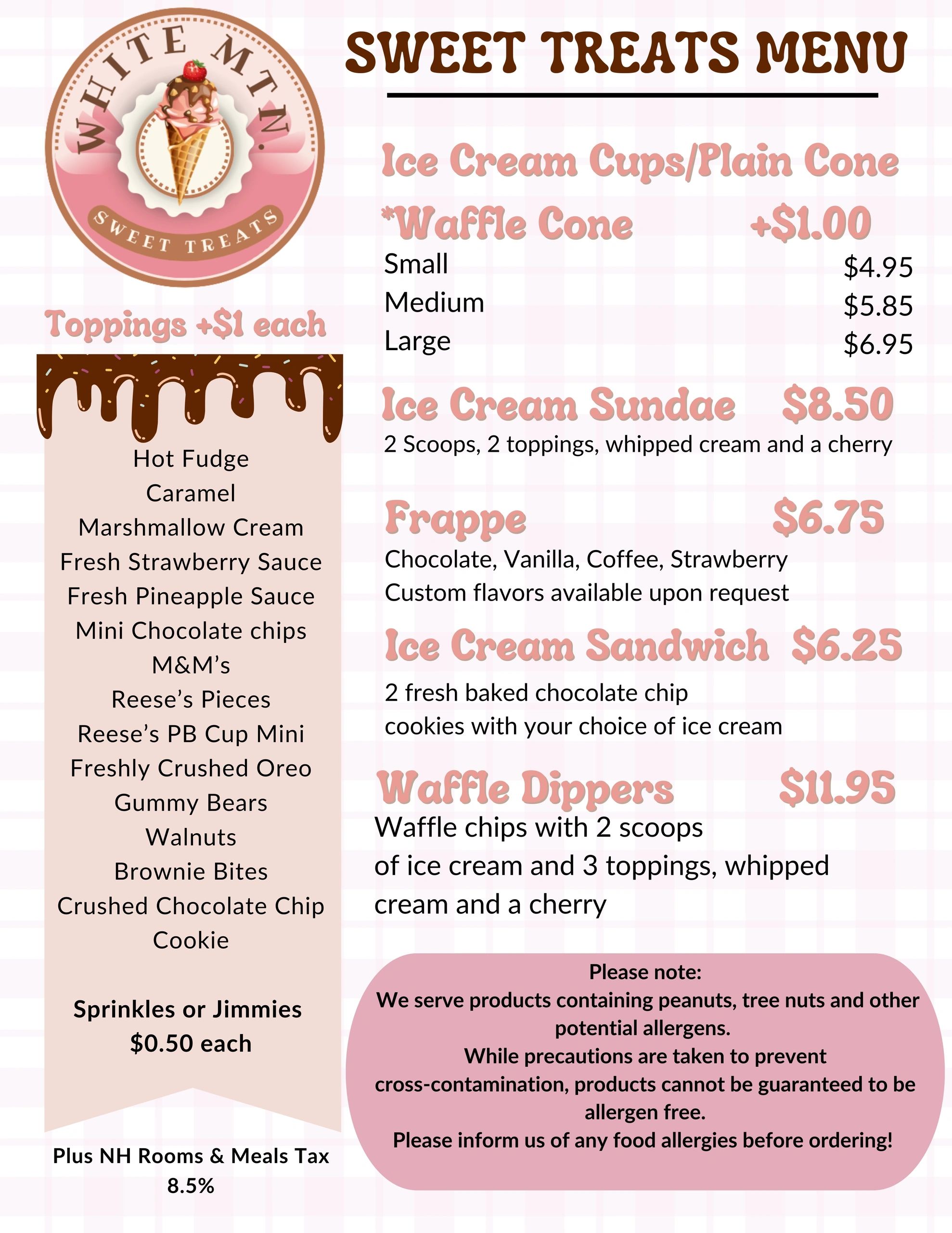 Sweet Treats menu with ice cream, sundaes, frappes, and toppings at White Mtn.