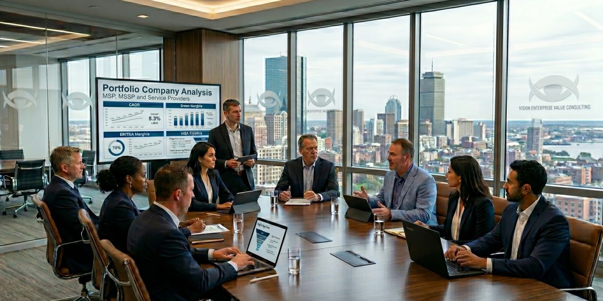 Business team in a meeting room with city skyline views discussing portfolio analysis.