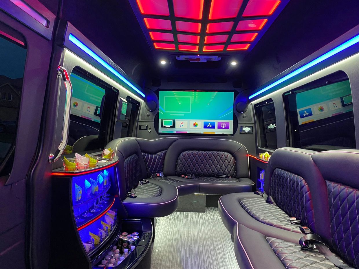 Luxury interior of Mercedes-Benz Sprinter limousine for group transportation in Houston, Texas