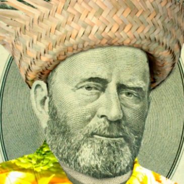 Portrait from currency edited with a straw hat and colorful clothing.