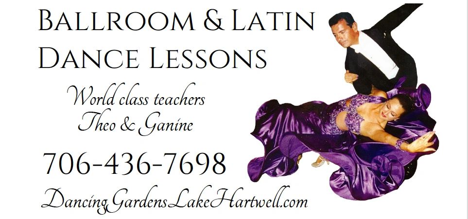Ballroom and latin dance lessons, world class teachers Theo & Ganine dancing 7064367698 purple dress