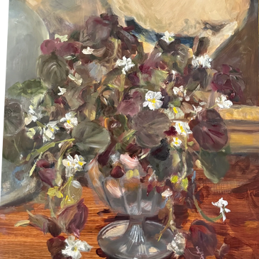 oil painting of begonias in silver vase