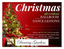 Christmas gift certificate ballroom dance lessons 706-436-7698 Dancing Gardens Lake Hartwell