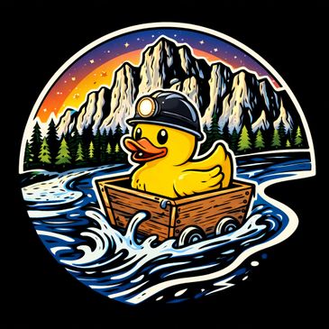 A rubber duck wearing a miner's helmet floats in a wooden box on a river with mountains and trees in the background.