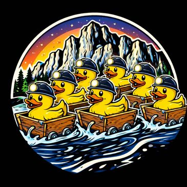 Rubber ducks wearing helmets rowing wooden boats on water with mountain backdrop.