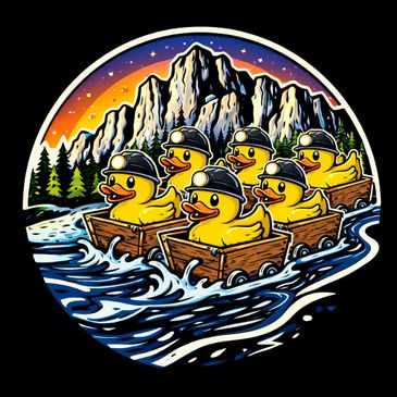 Cartoon ducks wearing helmets rowing wooden boats on a river with mountains in the background.