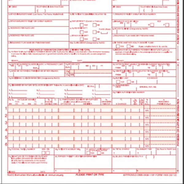 A blank tax form printed in red ink with numerous fields and boxes to fill out.