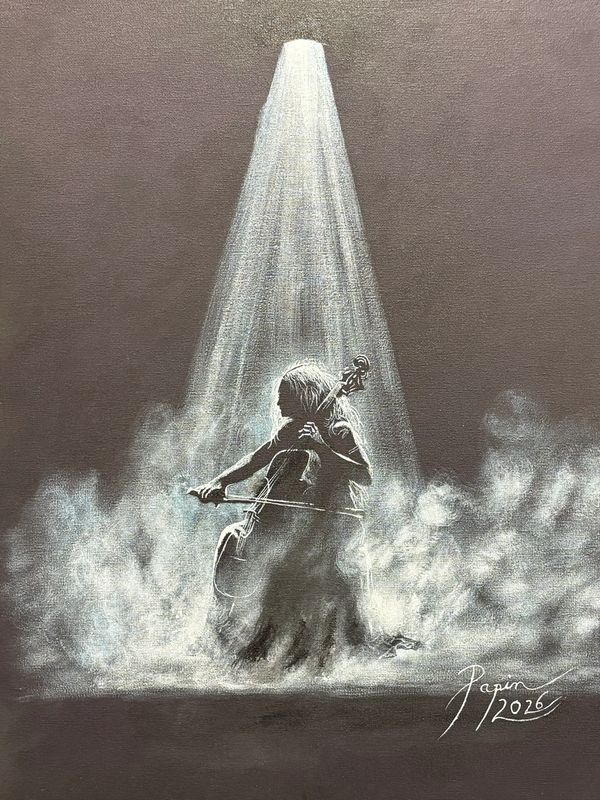 cellist, fine art, eddie papin, acrylic painting, papinsartgallery.com, musician, cello, black and w