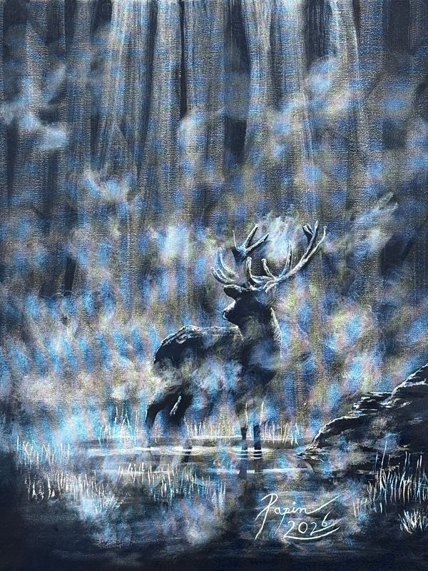 midnight Buck, fine art, eddie papin, acrylic painting, papinsartgallery.com, Buck, deer, wildlife, 