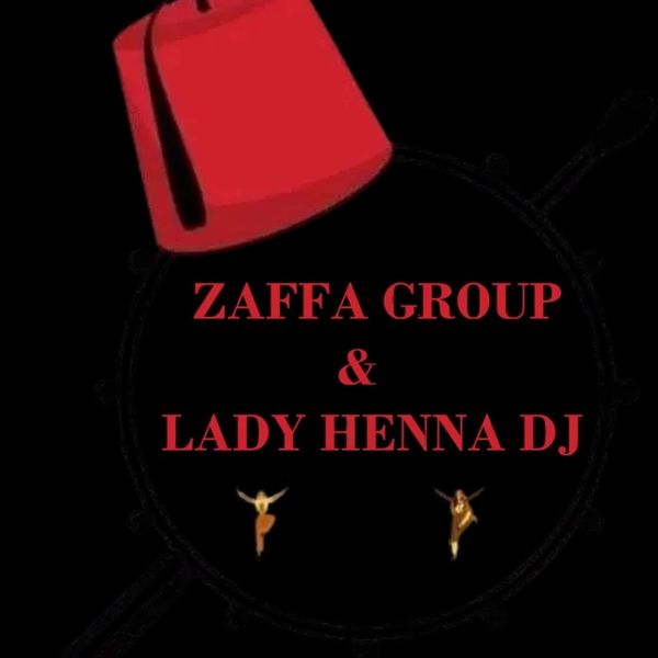 Red text on black background promoting Zaffa Group and Lady Henna DJ with dancers and a red drum.