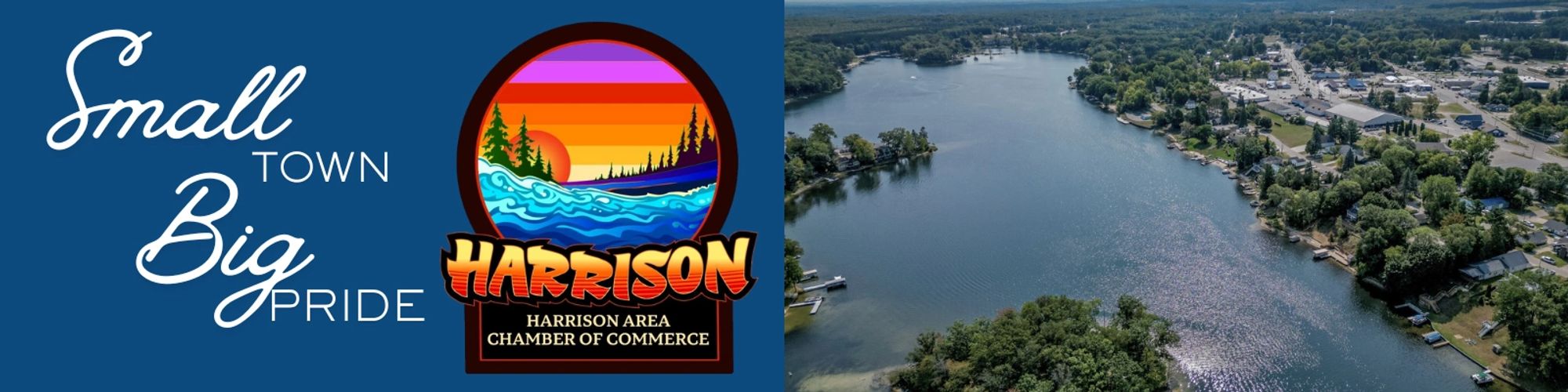 Aerial view of Harrison's Budd Lake and the downtown area with a vibrant Chamber of Commerce logo.
