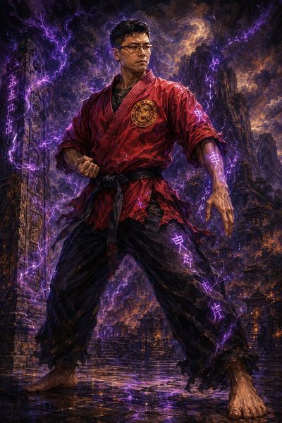 Martial artist surrounded by glowing purple runes and energy.