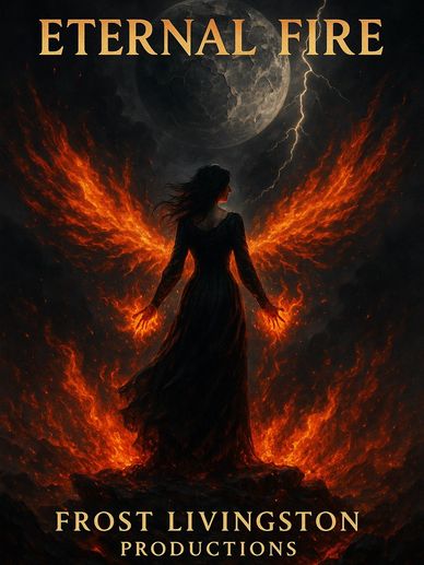 A dark figure with fiery wings and hands stands under a stormy moonlit sky.
