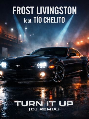 Sleek black car with bright headlights in rainy night, promoting Frost Livingston's DJ remix track.
