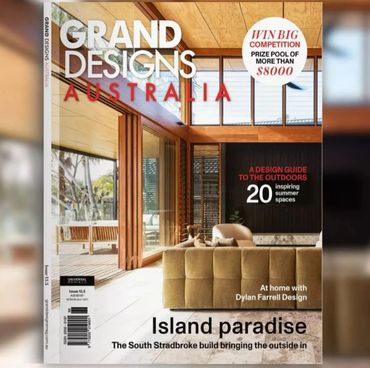 Magazine cover of Grand Designs Australia featuring a stylish indoor-outdoor living space.