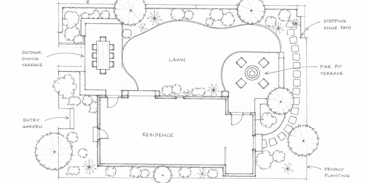 Landscape design plan showing residence with lawn, outdoor dining, fire pit, and garden areas.