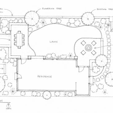Black and white landscape design plan showing residence, lawn, trees, and patio.
