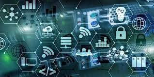 Digital interface with technology and data icons over a blurred background.
