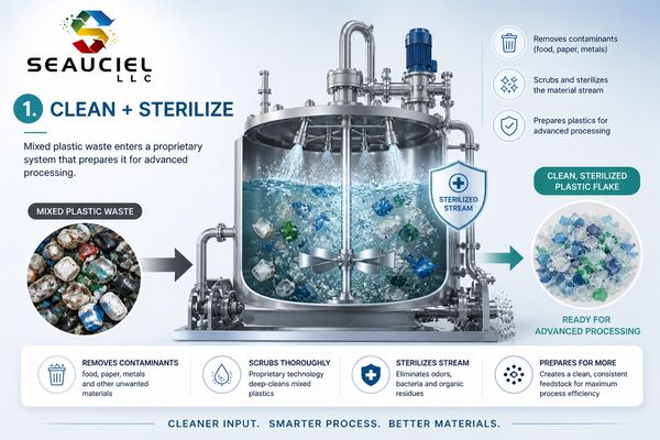 Infographic showing Seauciel's advanced plastic waste cleaning and sterilizing process.