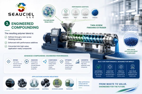 Industrial twin-screw extruder refining polymer blends with additives for high-value compounds.