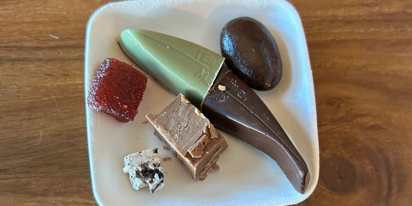 A small plate with assorted chocolates and a red gummy candy.