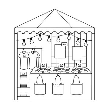 Line drawing of a market stall selling clothes and accessories under string lights.