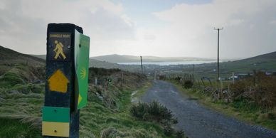 Dingle Way marker on high country road. Dingle Bay and town in distant background.