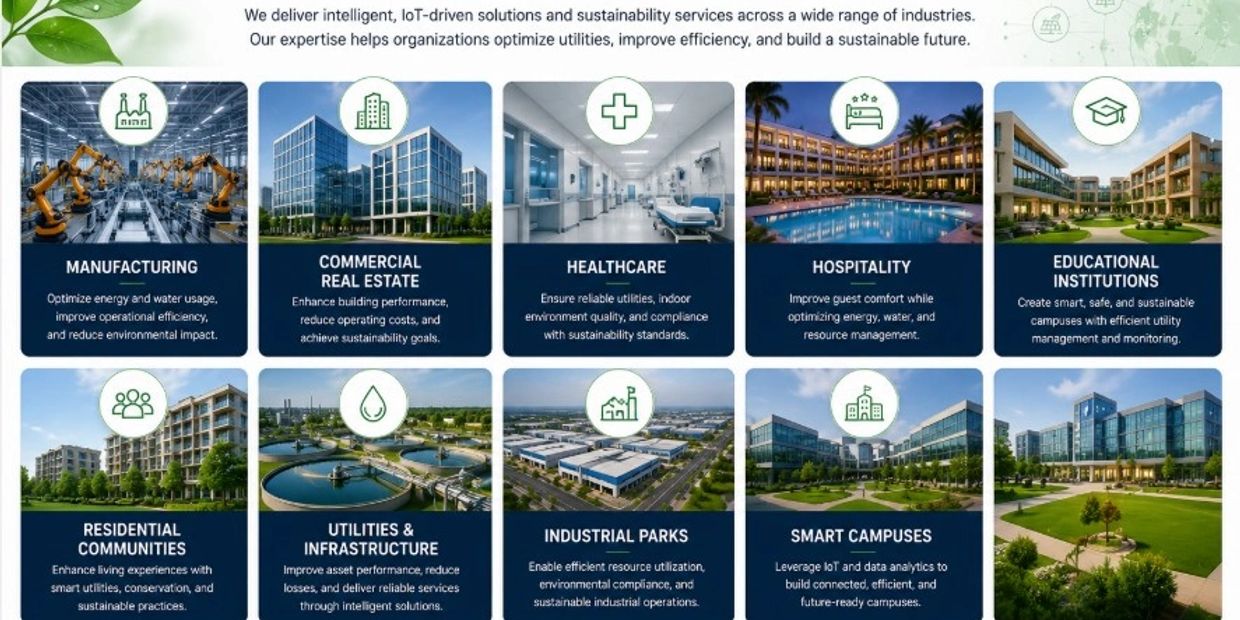 Various industries benefiting from IoT-driven sustainability and efficiency solutions.