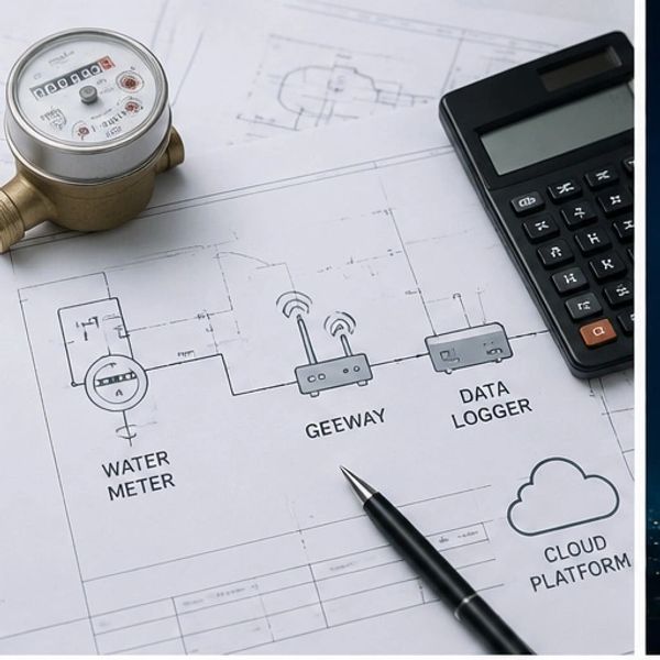 Blueprint with water meter, gateway, data logger, and cloud platform diagram alongside calculator and pen.