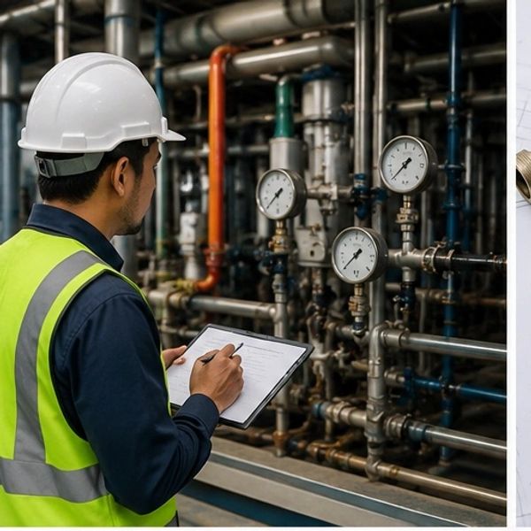 Engineer inspecting gauges on industrial pipes with a clipboard.