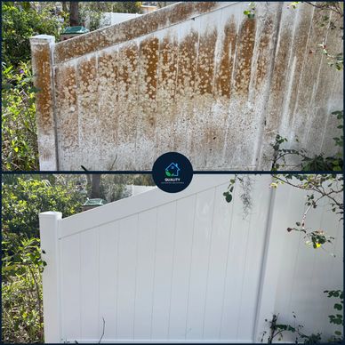 Before and after cleaning a white fence covered in dirt and mold.