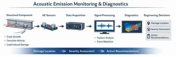 Diagram illustrating acoustic emission monitoring for structural damage detection and diagnostics.