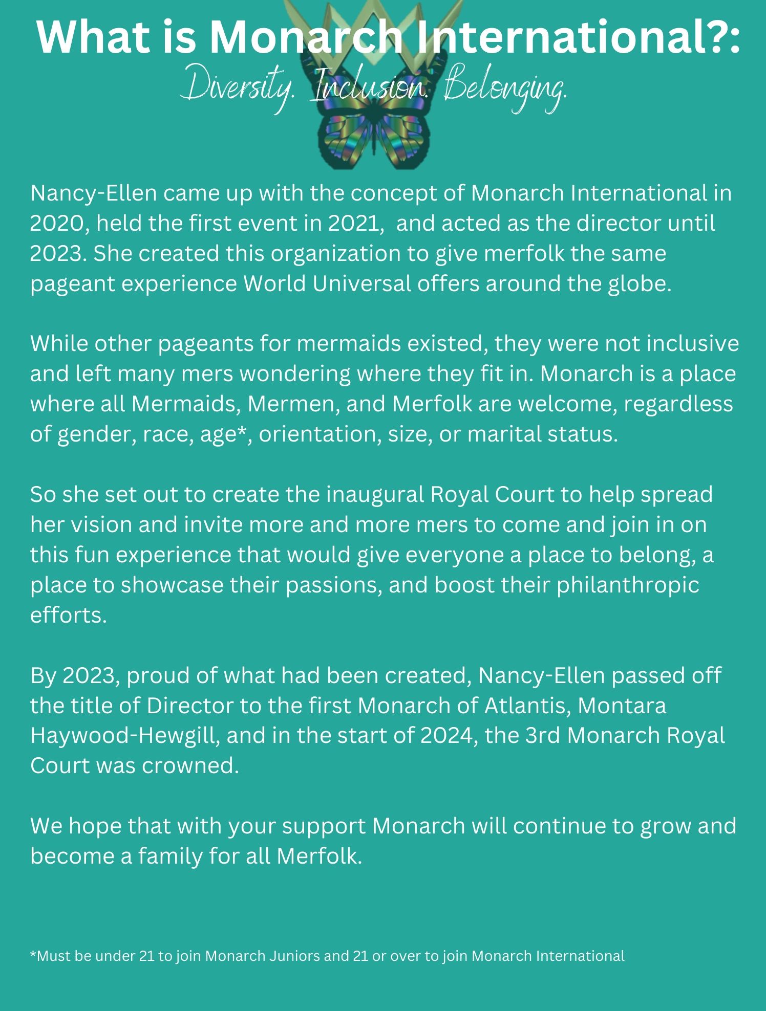 Monarch International promotes diversity and inclusion for merfolk through pageants and community.