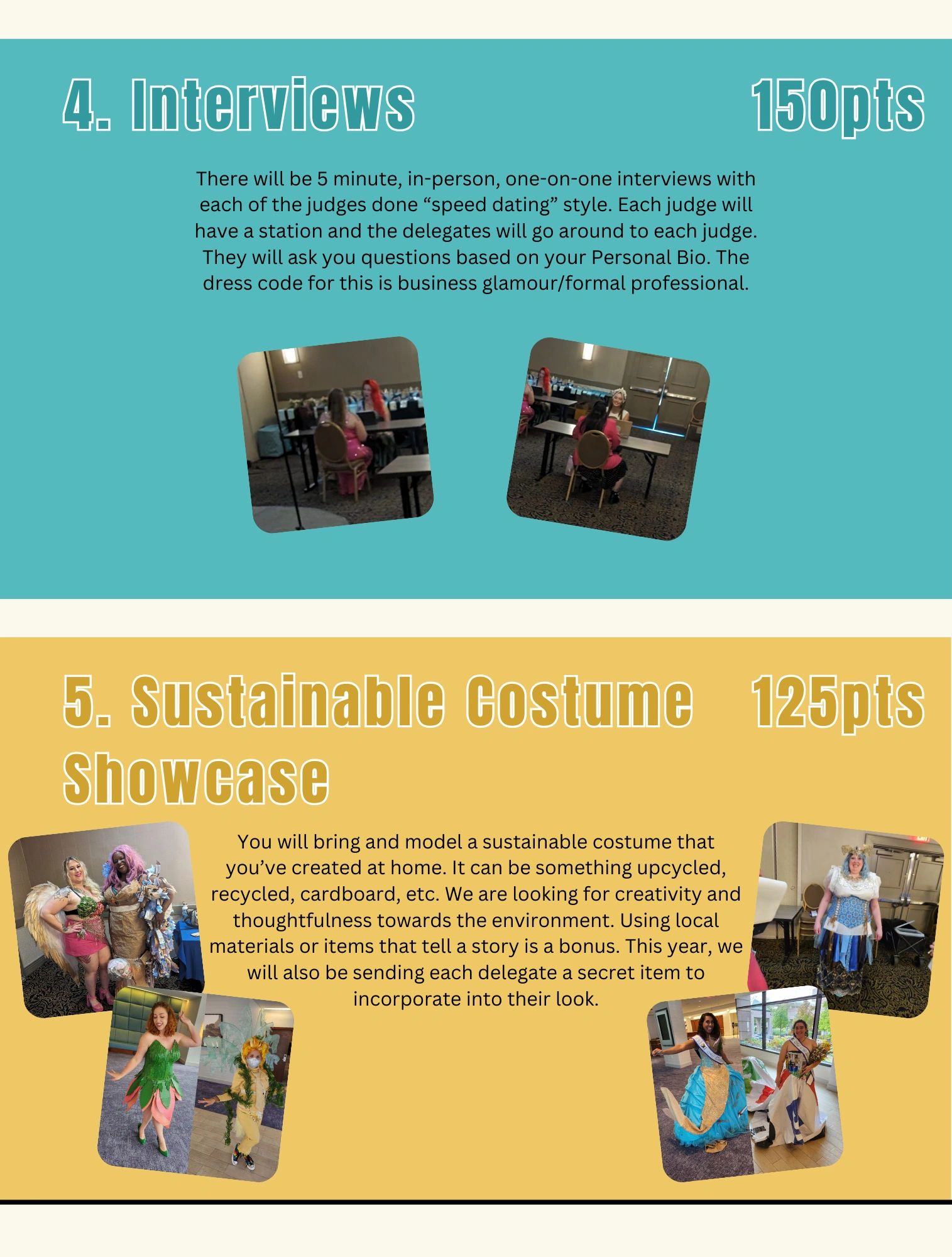Event details for interviews and sustainable costume showcase with photos of participants.
