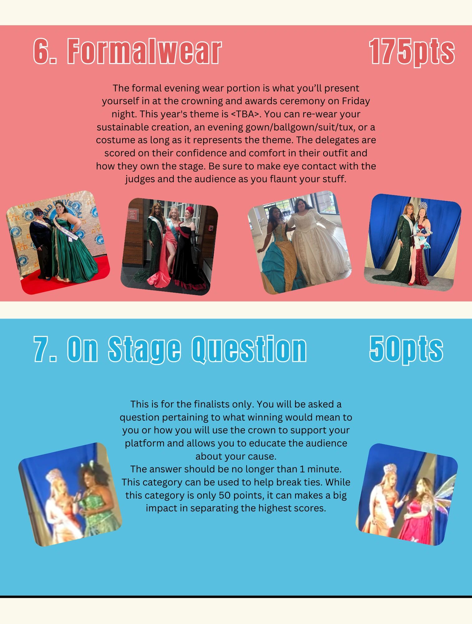 Pageant segments on formalwear and on-stage questions with images of contestants in gowns and crowns.