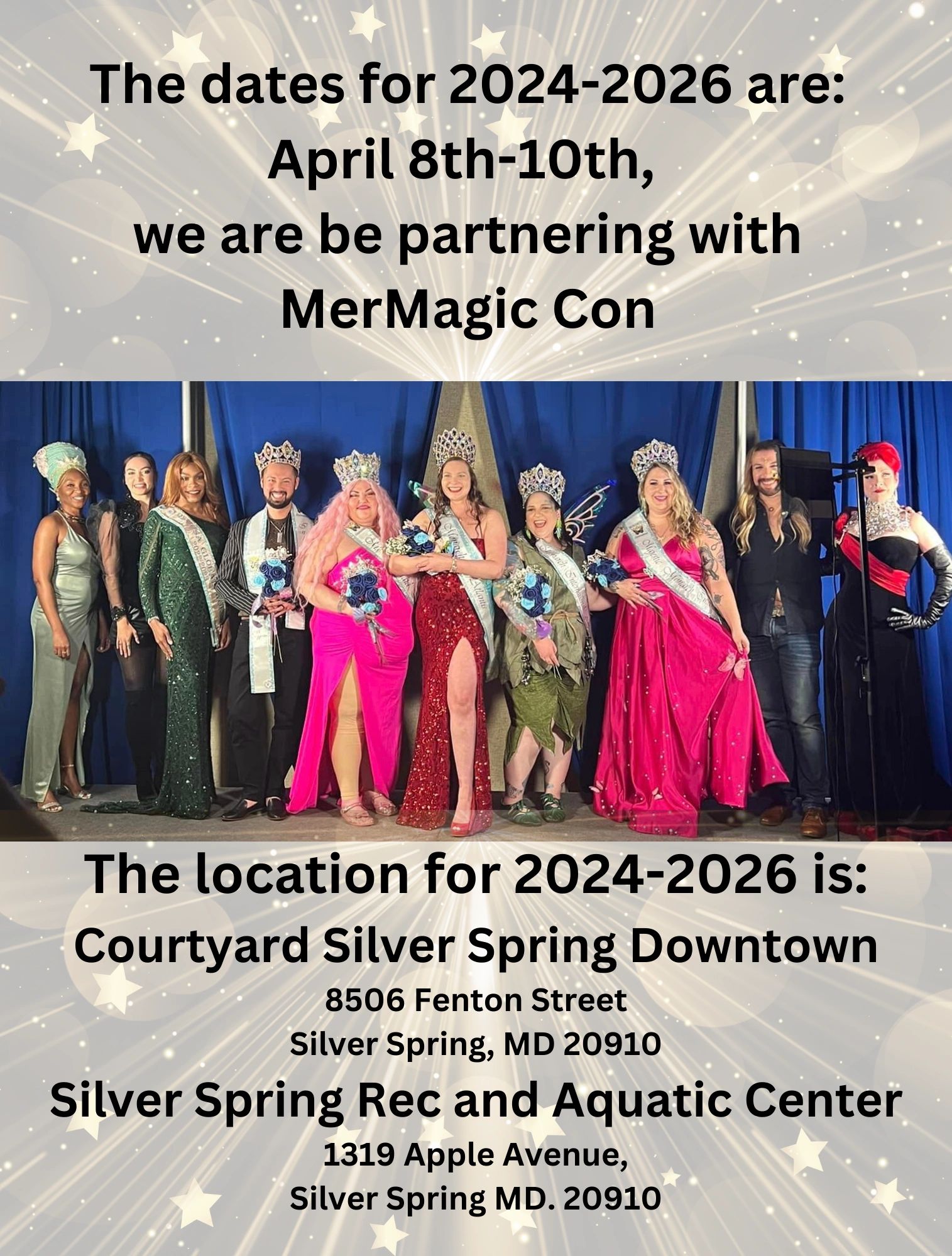 Group of crowned individuals in formal attire posing on stage with event details overlay.