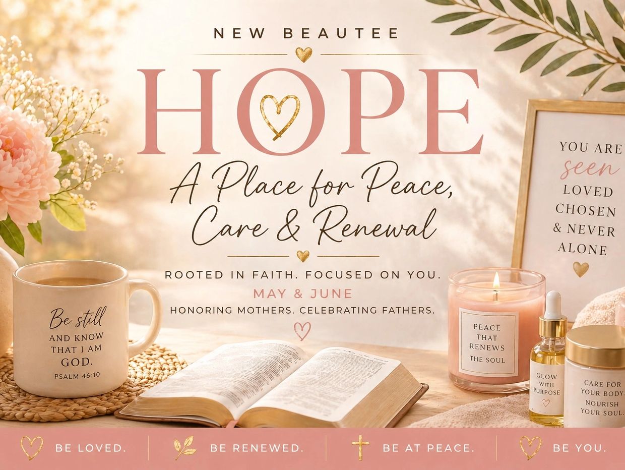 Inspirational setup with a Bible, candle, and self-care items promoting peace and renewal.