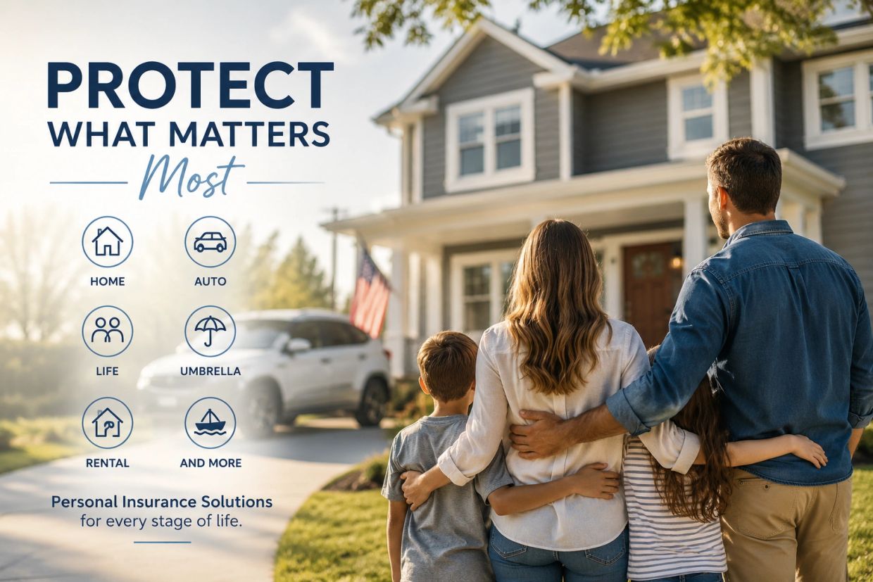 Family looking at their new home, promoting insurance protection.