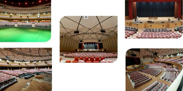 Various views of an empty auditorium with stage and seating.