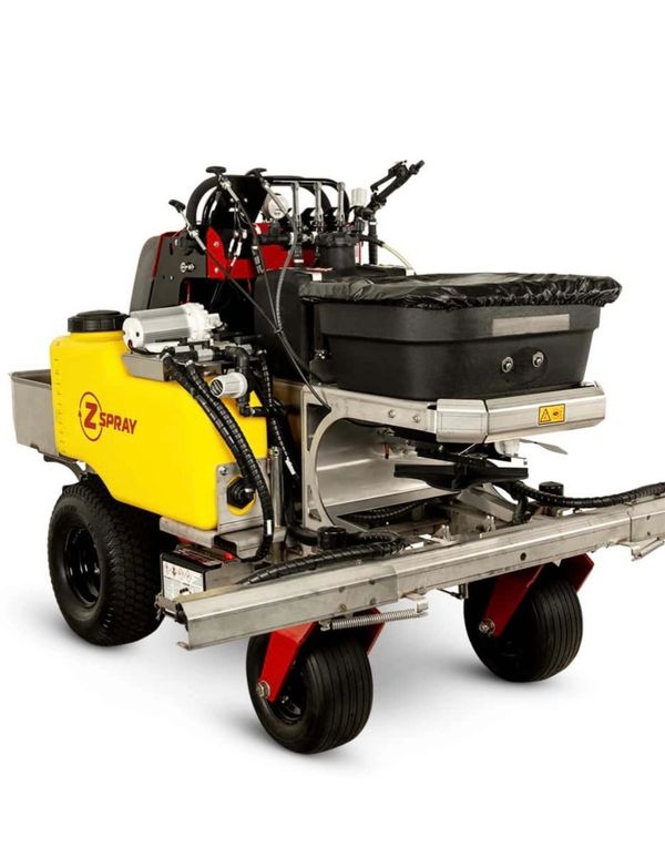 Compact agricultural sprayer with yellow tank and black components on wheels.