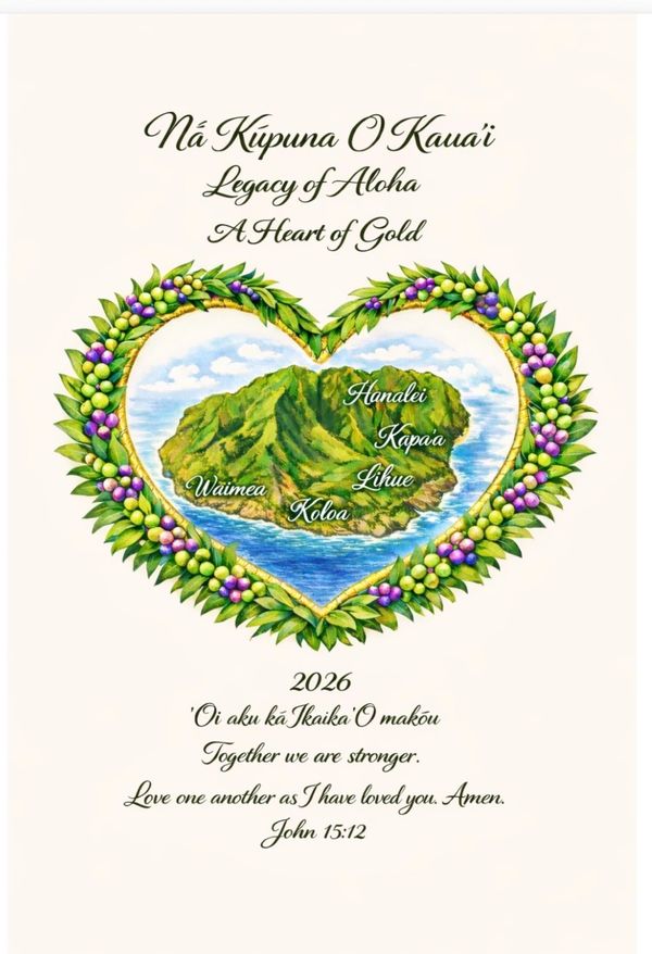 Heart-shaped map of Kaua'i with aloha legacy text and Bible verse.