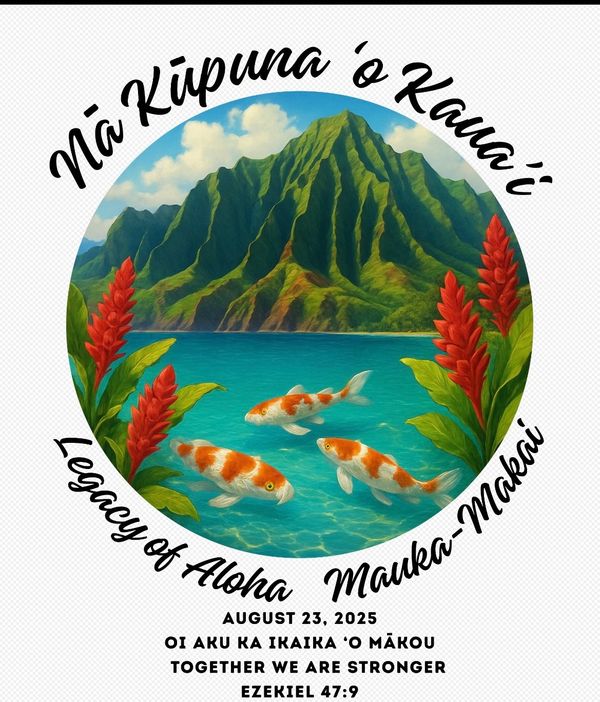A vibrant Hawaiian scene with koi fish, mountains, and red flowers, symbolizing unity and aloha.