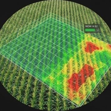Digital overlay showing crop health on a field with red and green zones.