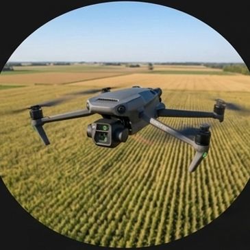 A drone flying over a large agricultural field under clear blue sky.