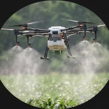 Agricultural drone spraying crops in a field with mist.