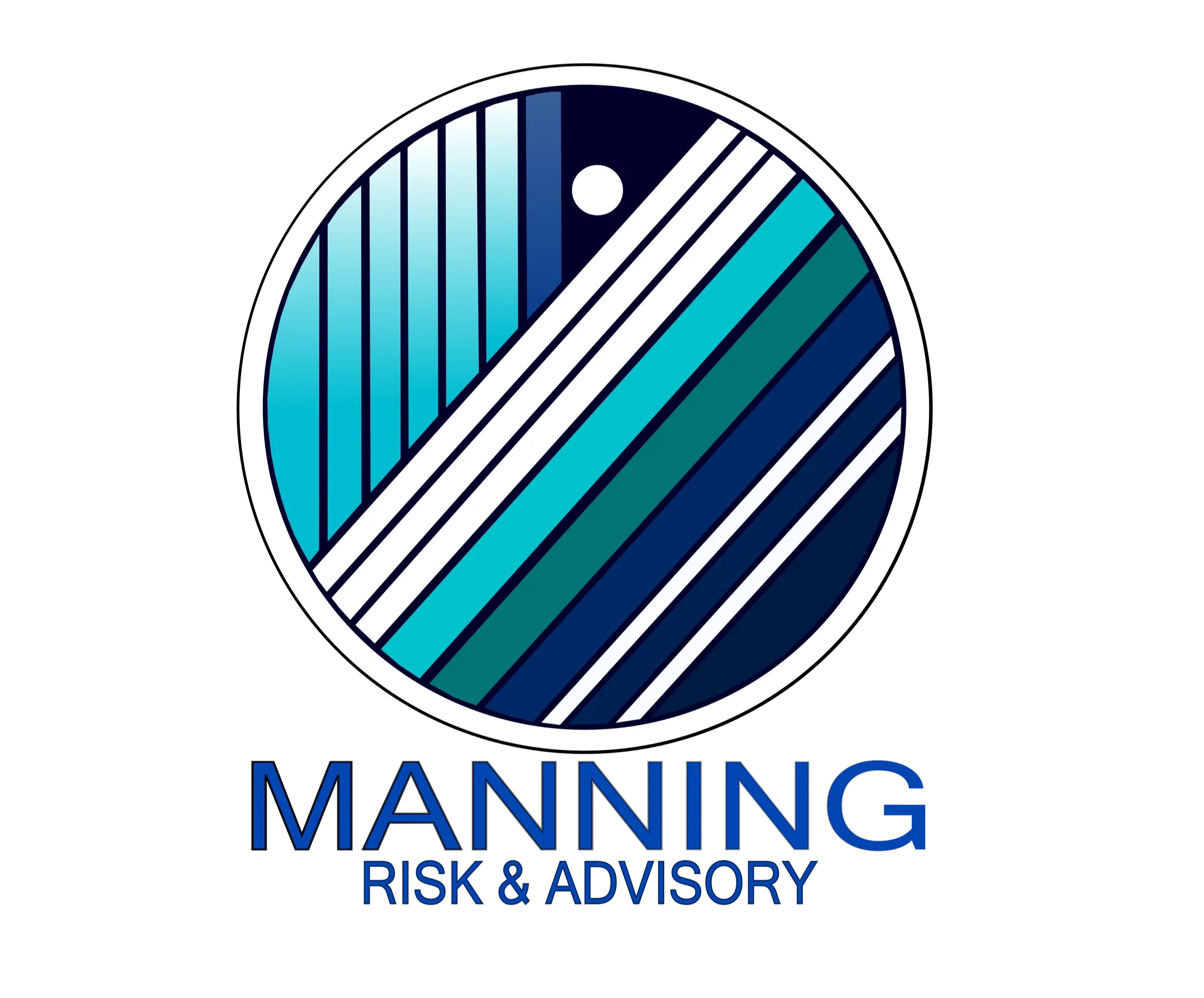 Manning Risk & Advisory logo with blue geometric design and white circle.